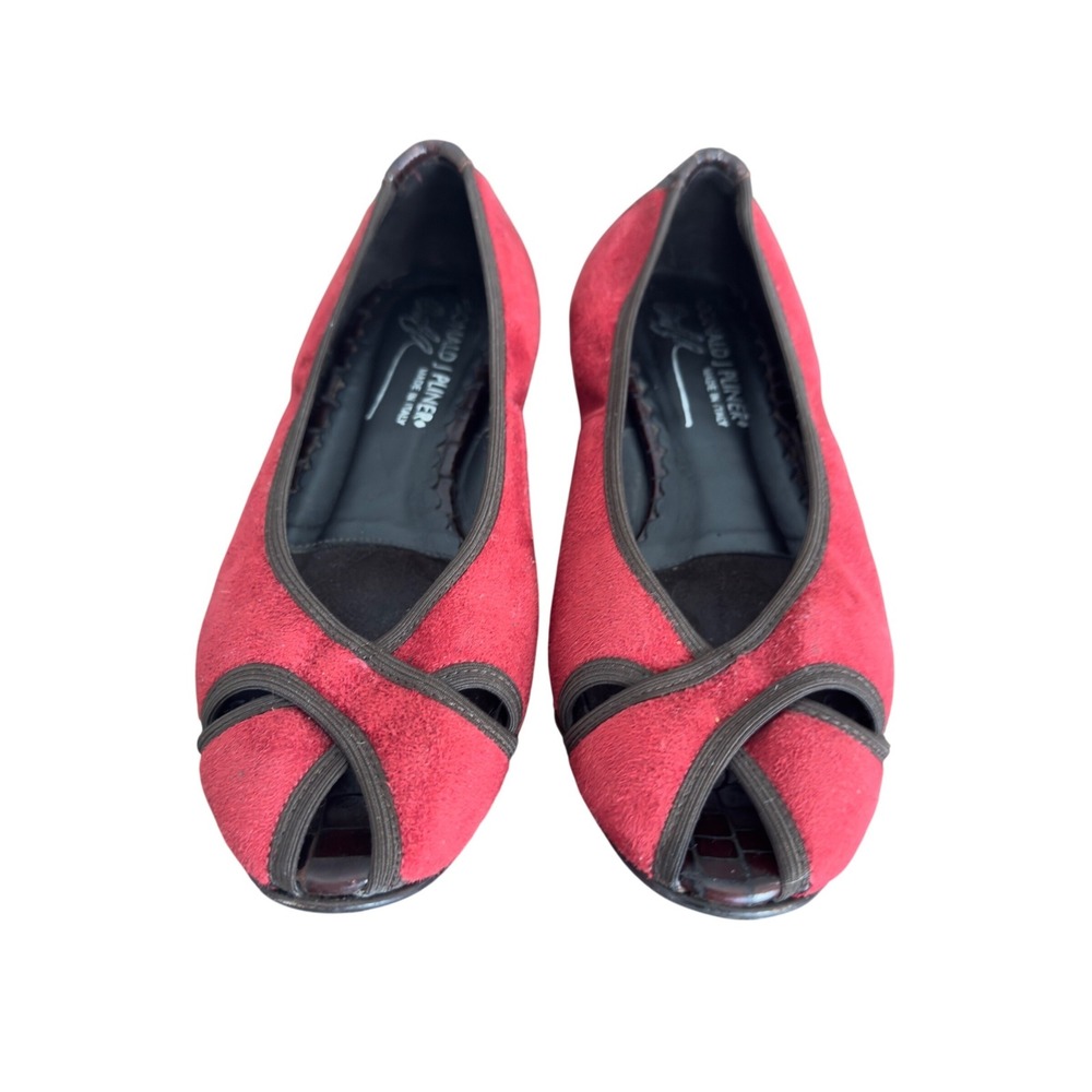 Donald J Pliner Red Peep Toe Ballet Flats Croc‎ Heel Brown trim Size 6.5 M